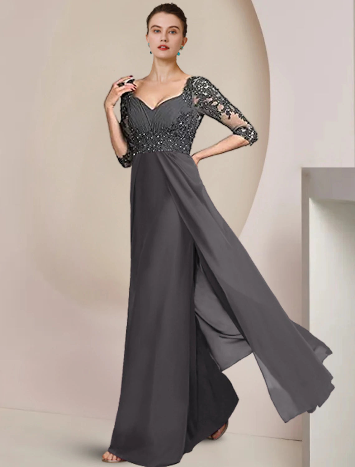 wholesale  Sheath / Column Mother of the Bride Dress Formal Wedding Guest Elegant Square Neck Floor Length Chiffon Lace 3/4 Length Sleeve with Sequin Appliques Ruching