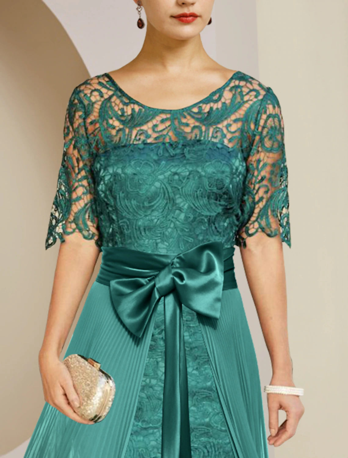 wholesale  Two Piece Sheath / Column Mother of the Bride Dress Formal Wedding Guest Elegant detachable Scoop Neck Knee Length Chiffon Lace Sleeveless with Bow(s) Pleats Appliques