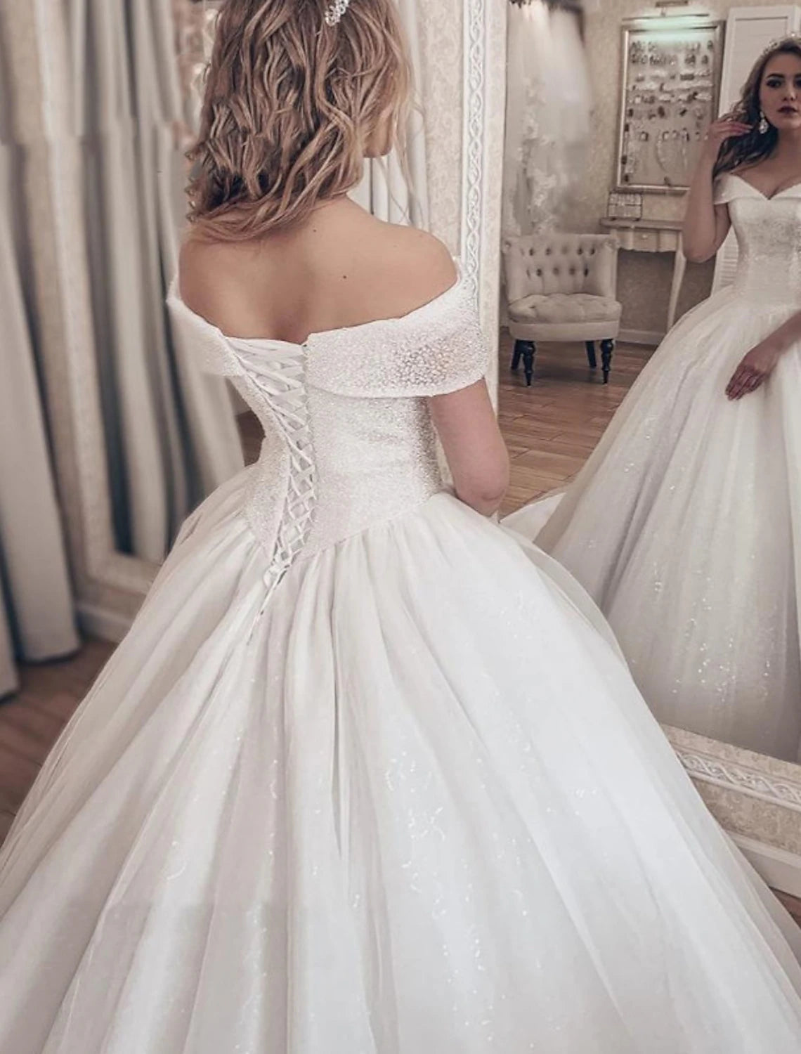 Wholesa Engagement Formal Wedding Dresses Ball Gown Off Shoulder Cap Sleeve Chapel Train Tulle Bridal Gowns With Pleats Sequin