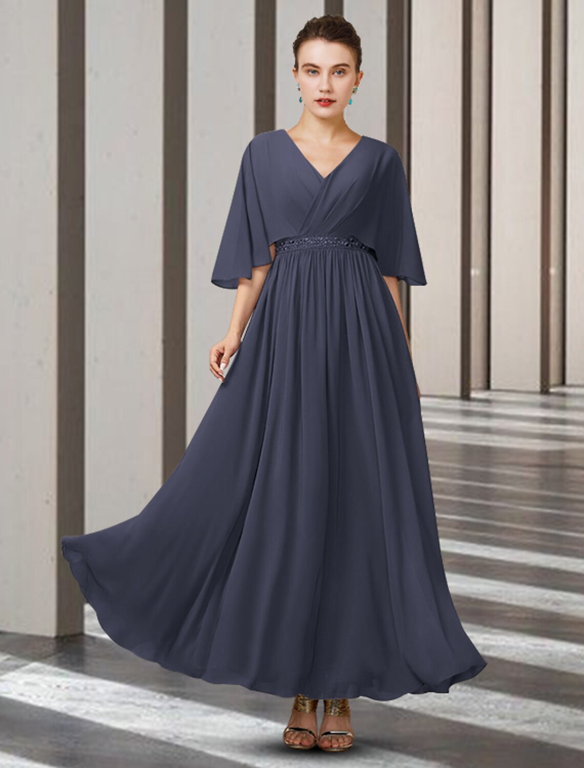 wholesale  A-Line Mother of the Bride Dress Elegant V Neck Ankle Length Chiffon Half Sleeve with Sash / Ribbon Pleats