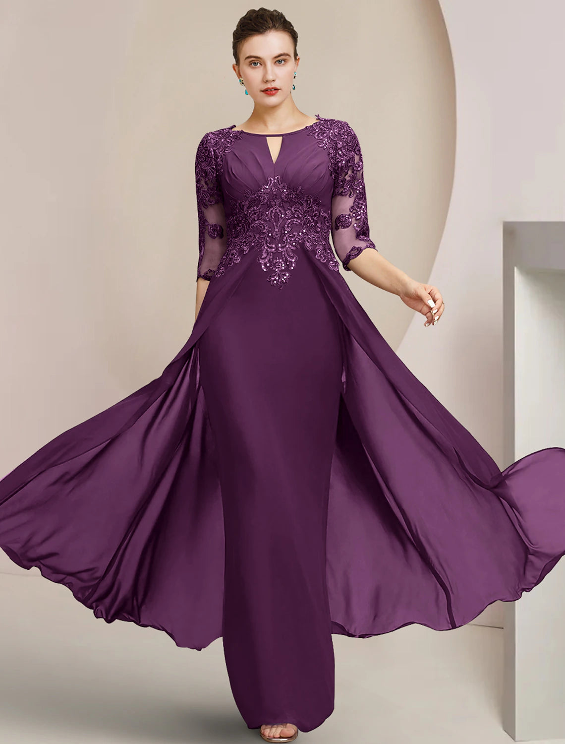Wholesa  Sheath / Column Mother of the Bride Dress Formal Wedding Guest Elegant Scoop Neck Floor Length Chiffon Lace Half Sleeve with Sequin Appliques