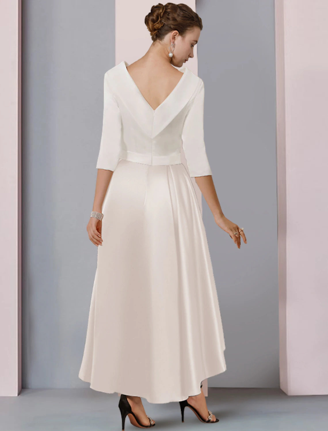 wholesale  A-Line Mother of the Bride Dress Wedding Guest Elegant High Low Scoop Neck Asymmetrical Tea Length Satin Half Sleeve with Pleats Color Block