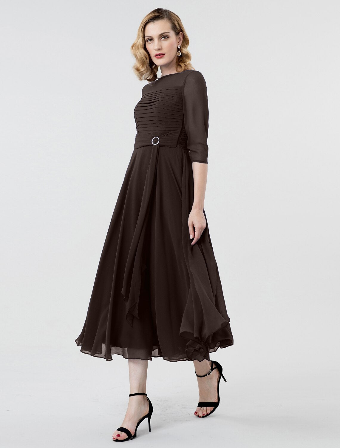 Wholesa A-Line Elegant Formal Evening Wedding Party Dress Boat Neck 3/4 Length Sleeve Tea Length Georgette with Ruched Crystal Brooch 2022 / Illusion Sleeve