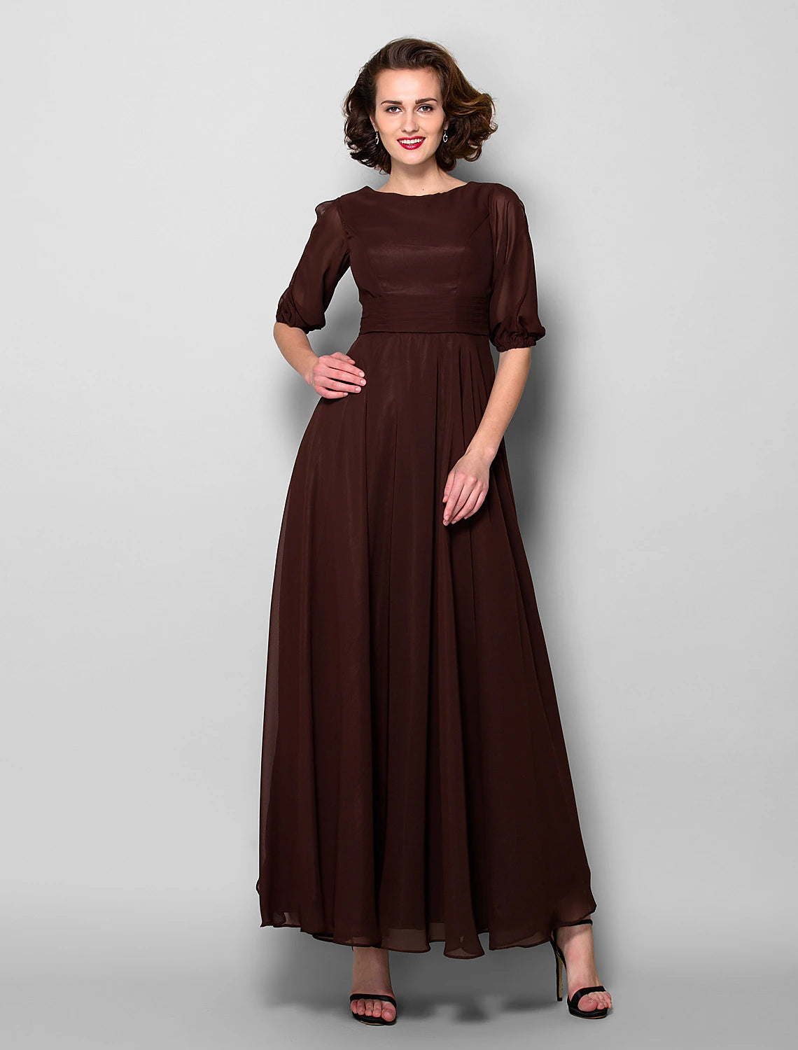 wholesale  A-Line Mother of the Bride Dress Elegant Jewel Neck Ankle Length Chiffon Half Sleeve with Sash / Ribbon Ruched