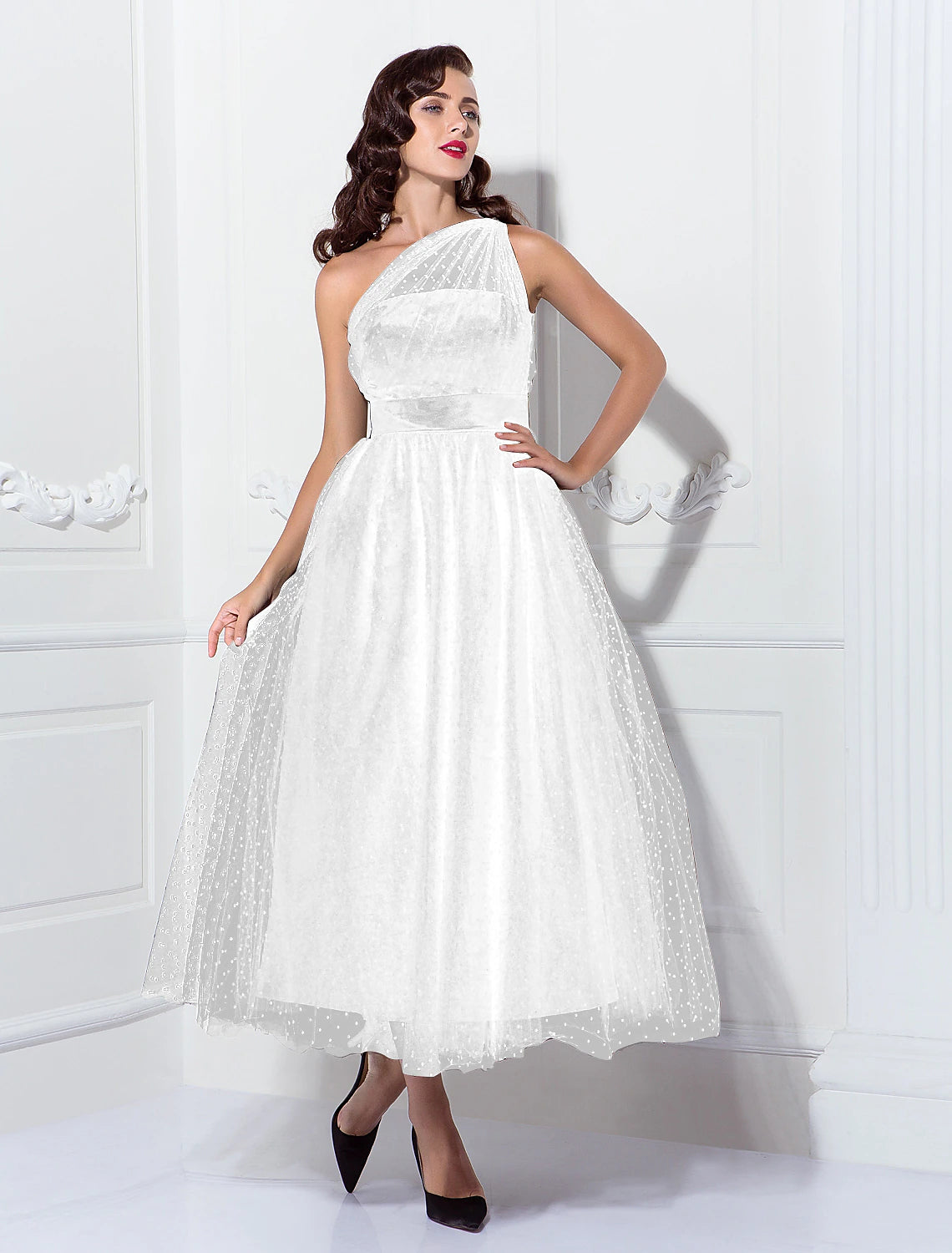 wholesale  A-Line Cocktail Black Dress Vintage Dress Halloween Ankle Length Sleeveless One Shoulder Wednesday Addams Family Tulle with Pleats Pattern / Print