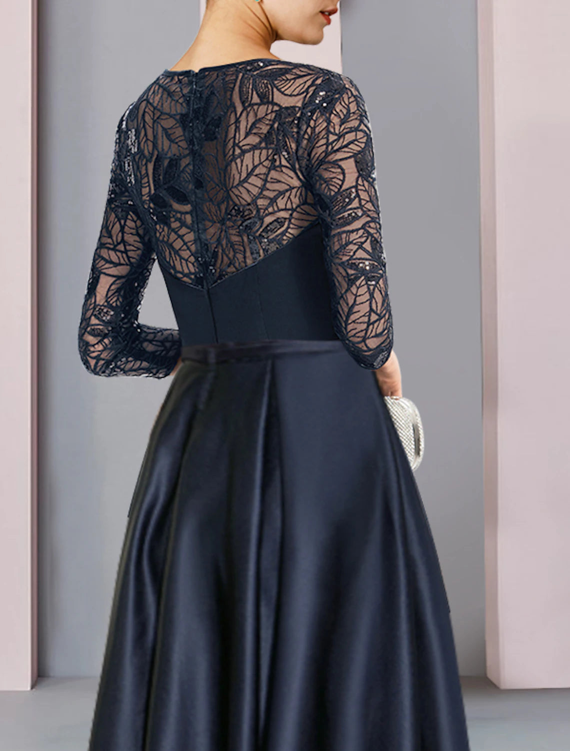 wholesale A-Line Mother of the Bride Dress Wedding Guest Vintage Party Jewel Neck Asymmetrical Satin Lace Sequined Half Sleeve with Pleats