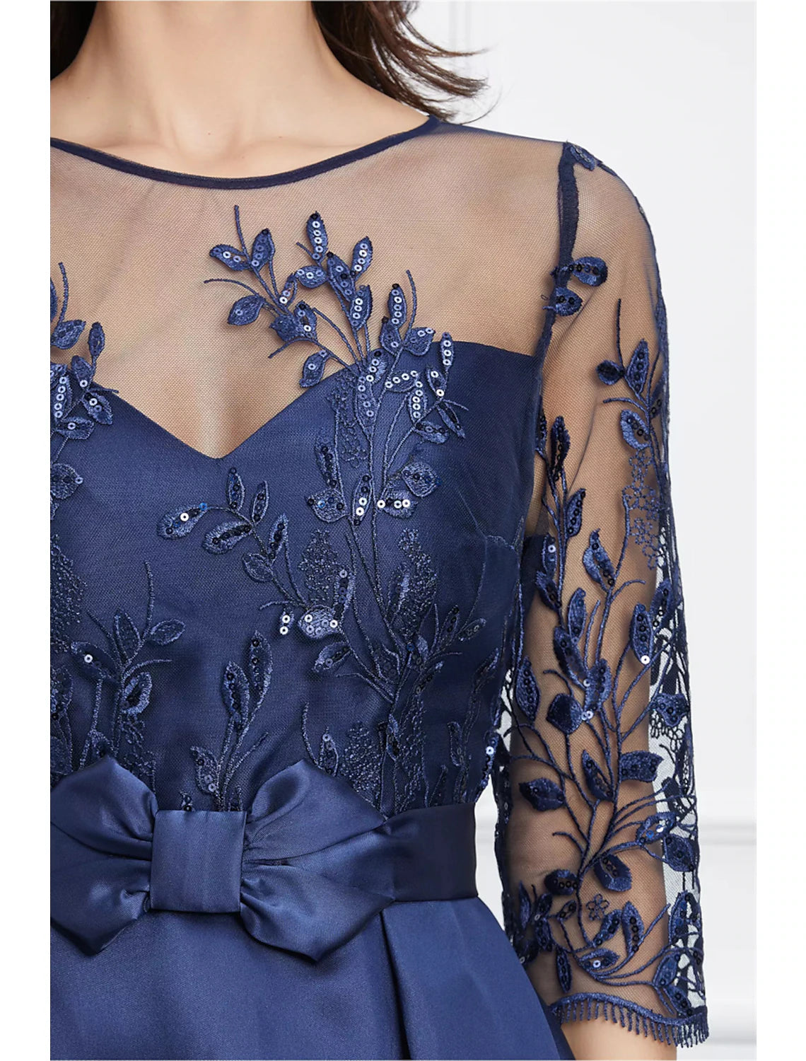 Wholesa A-Line Evening Gown Elegant Black Dress Plus Size Formal Wedding Asymmetrical High Low 3/4 Length Sleeve Jewel Neck Satin with Bow(s) Sequin Appliques