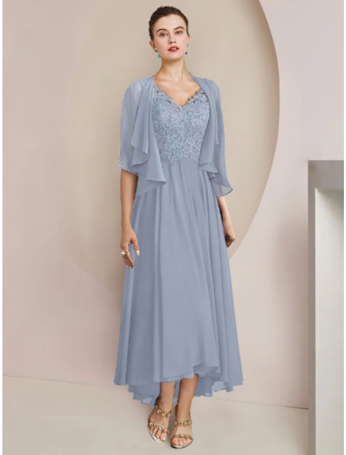 wholesale  Sheath / Column Mother of the Bride Dress Wedding Guest Vintage Elegant V Neck Asymmetrical Ankle Length Chiffon Lace Half Sleeve with Pleats Solid Color