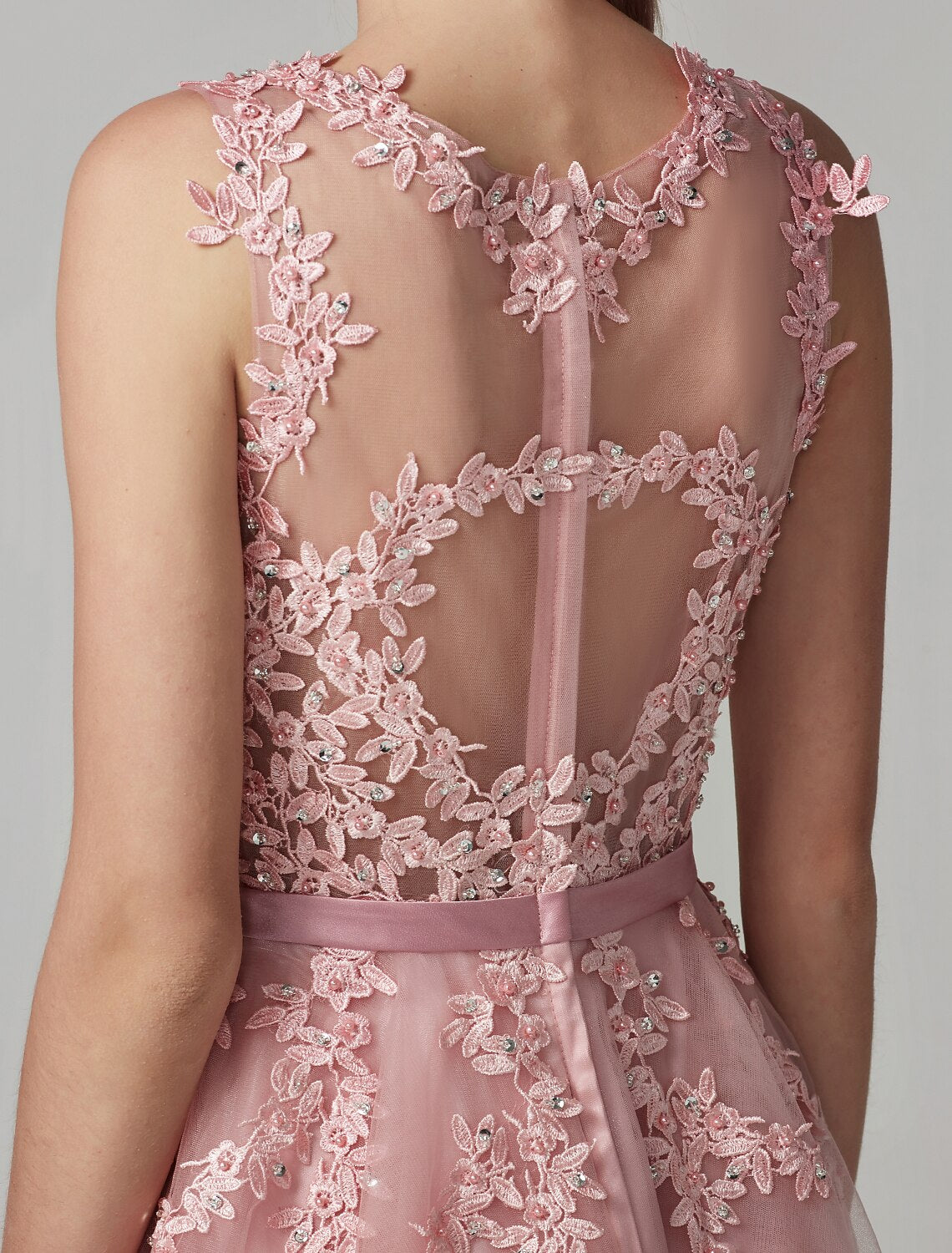 wholesale  A-Line Cute Dress Cocktail Party Prom Knee Length Sleeveless Illusion Neck Tulle Over Lace with Beading Appliques
