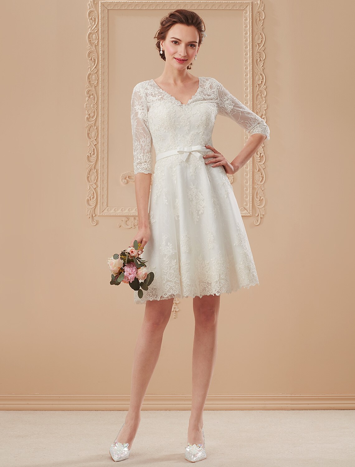 wholesale  Reception Little White Dresses Wedding Dresses A-Line V Neck Half Sleeve Knee Length Lace Bridal Gowns With Bowknot Sash / Ribbon