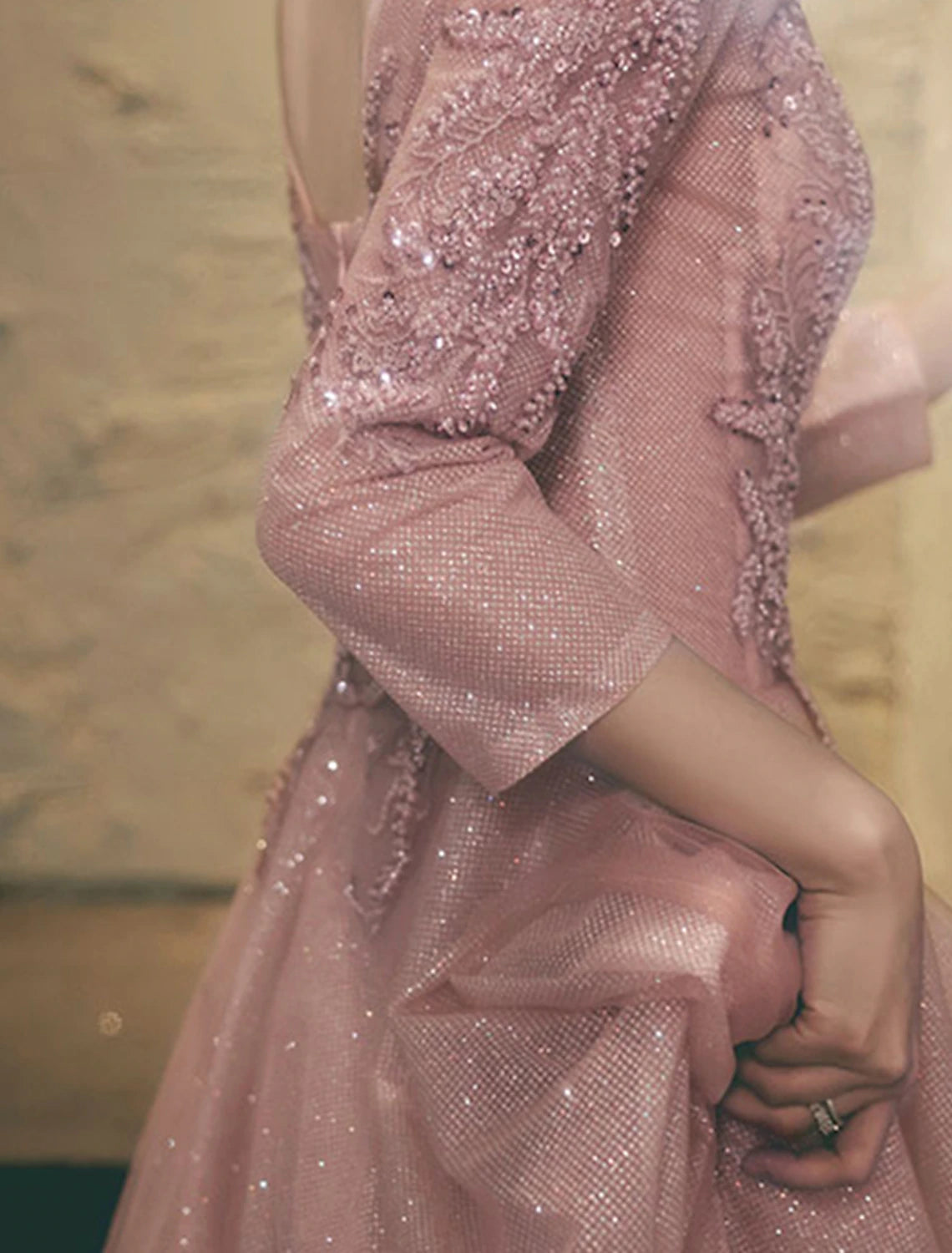 Wholesa  A-Line Prom Dresses Sparkle & Shine Dress Wedding Guest Prom Floor Length 3/4 Length Sleeve V Neck Lace with Appliques