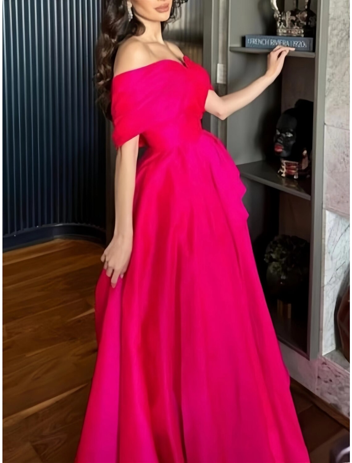 Wholesa  A-Line Evening Gown Elegant Dress Formal Floor Length Christmas Red Green Dress Short Sleeve Off Shoulder Satin with Pleats
