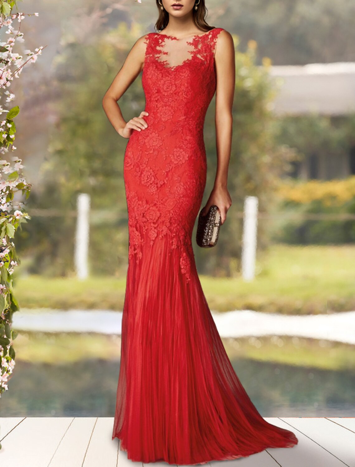 wholesale  Mermaid / Trumpet Mother of the Bride Dress Luxurious Elegant Jewel Neck Sweep / Brush Train Lace Tulle Sleeveless with Pleats Appliques