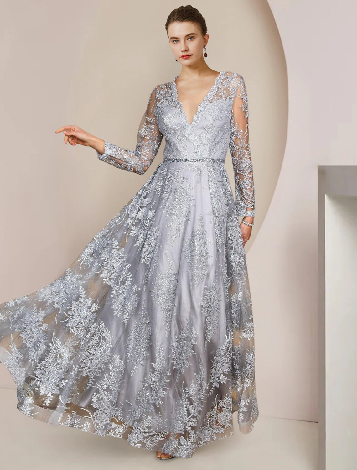 wholesale  A-Line Mother of the Bride Dress Formal Wedding Guest Elegant V Neck Floor Length Tea Length Lace Long Sleeve with Appliques Crystal Brooch