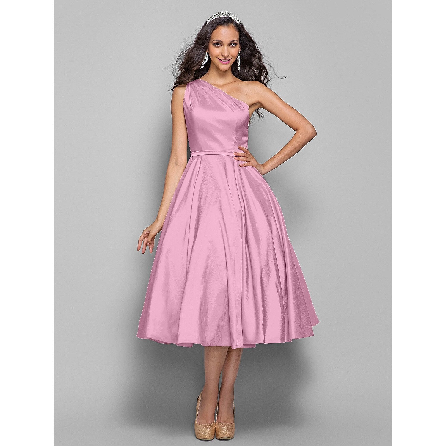 wholesale  A-Line Minimalist Elegant Cocktail Party Wedding Party Dress One Shoulder Sleeveless Tea Length Taffeta with Sash / Ribbon