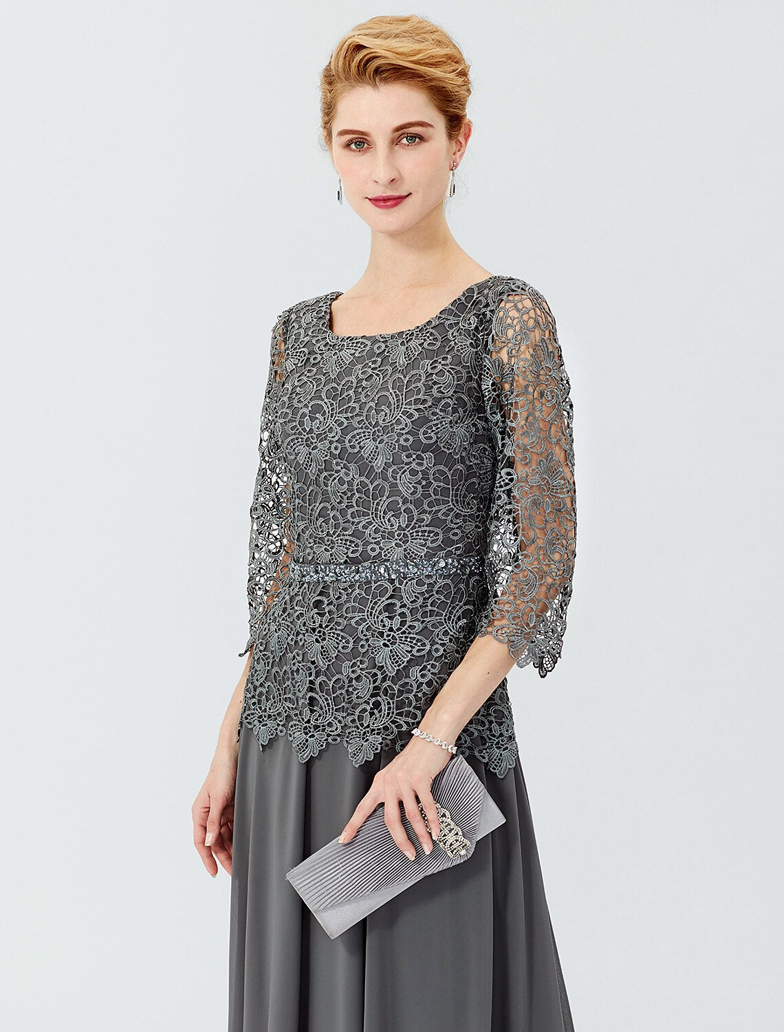 wholesale   Ball Gown A-Line Mother of the Bride Dress Formal Classic & Timeless Elegant & Luxurious Elegant Scoop Neck Floor Length Chiffon Corded Lace 3/4 Length Sleeve with Sashes / Ribbons Beading