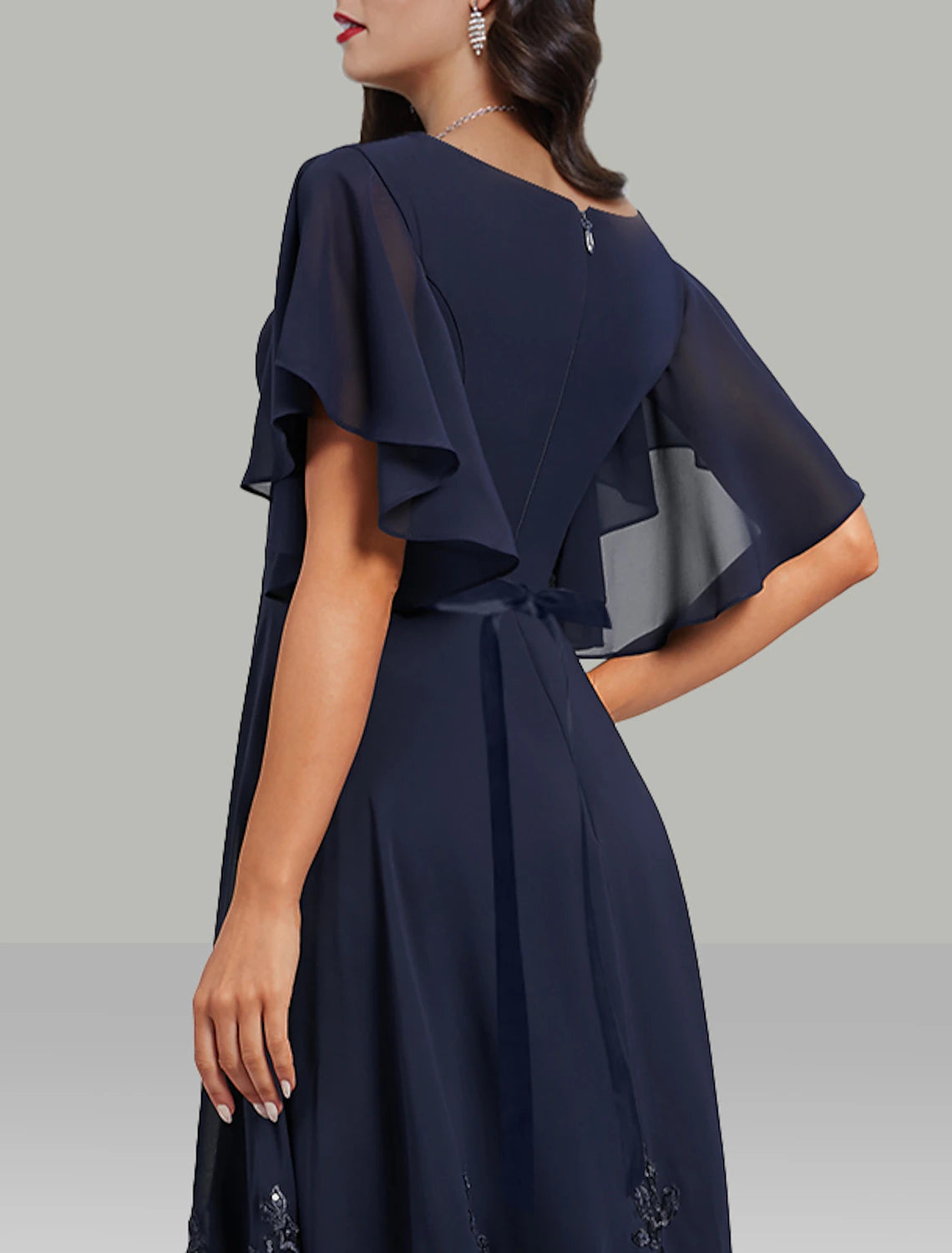 Wholesa  A-Line Wedding Guest Dresses Elegant Dress Cocktail Party Tea Length Short Sleeve V Neck Belt / Sash Chiffon with Rhinestone Glitter Embroidery