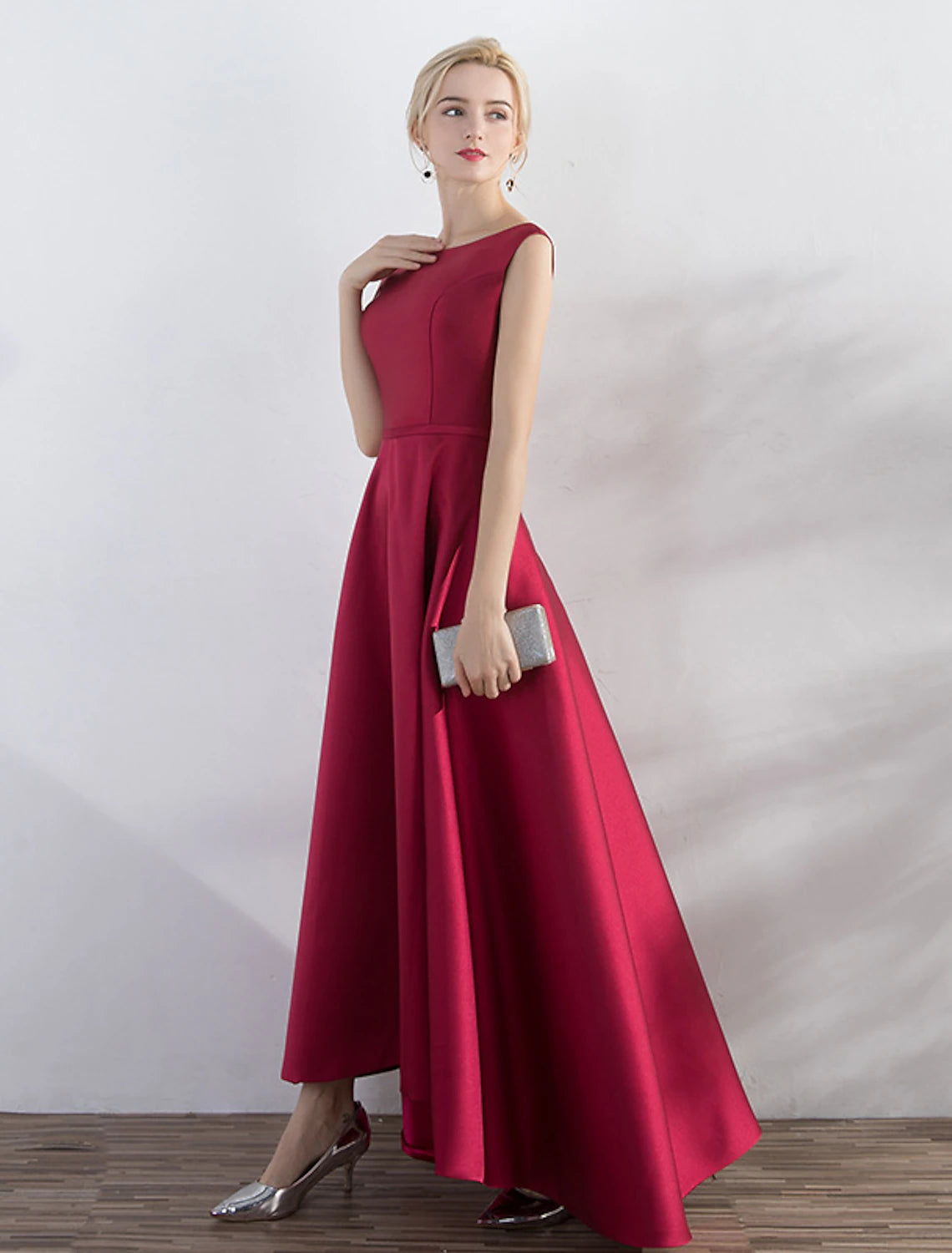 wholesa A-Line Evening Gown Minimalist Dress Party Wear Formal Evening Asymmetrical Sleeveless Jewel Neck Satin with Sleek