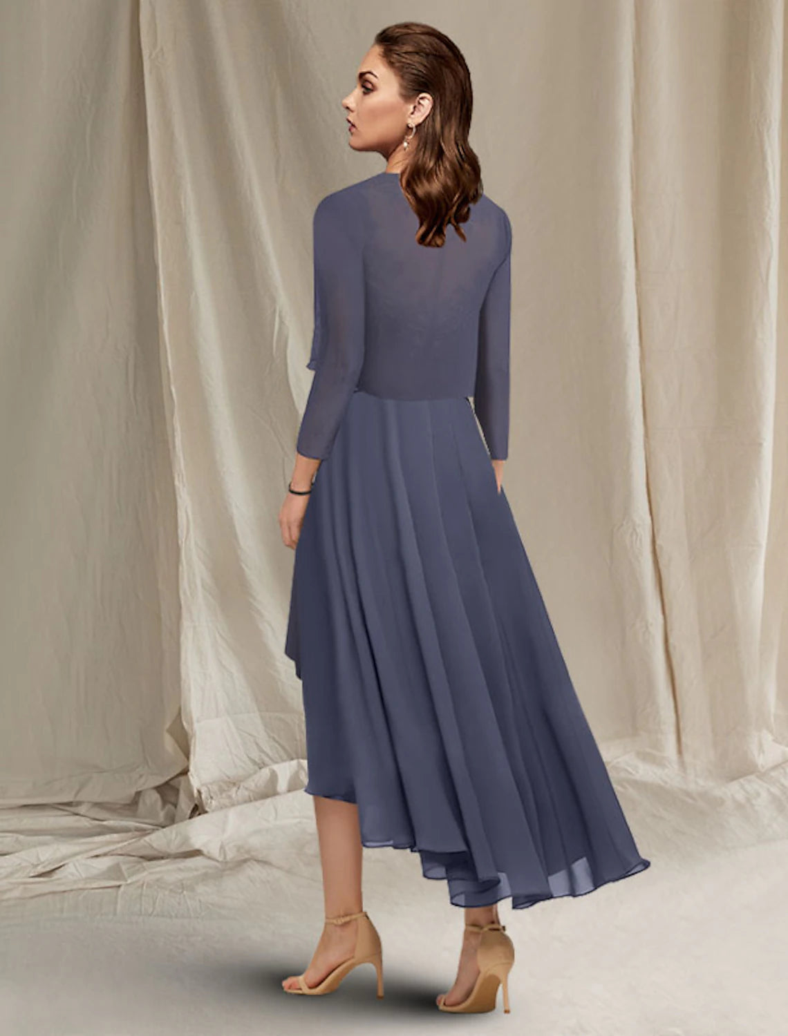 wholesale  A-Line Mother of the Bride Dress Elegant High Low Jewel Neck Asymmetrical Tea Length Chiffon Lace Short Sleeve Wrap Included with Ruched Sequin Appliques