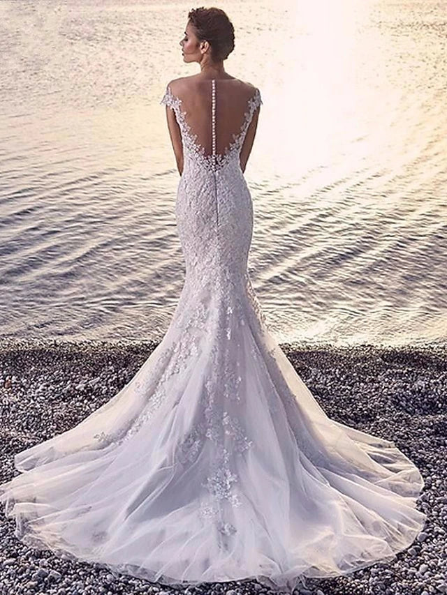 Wholesa Beach Formal Wedding Dresses Court Train Mermaid / Trumpet Sleeveless Scoop Neck Off Shoulder Organza With Appliques