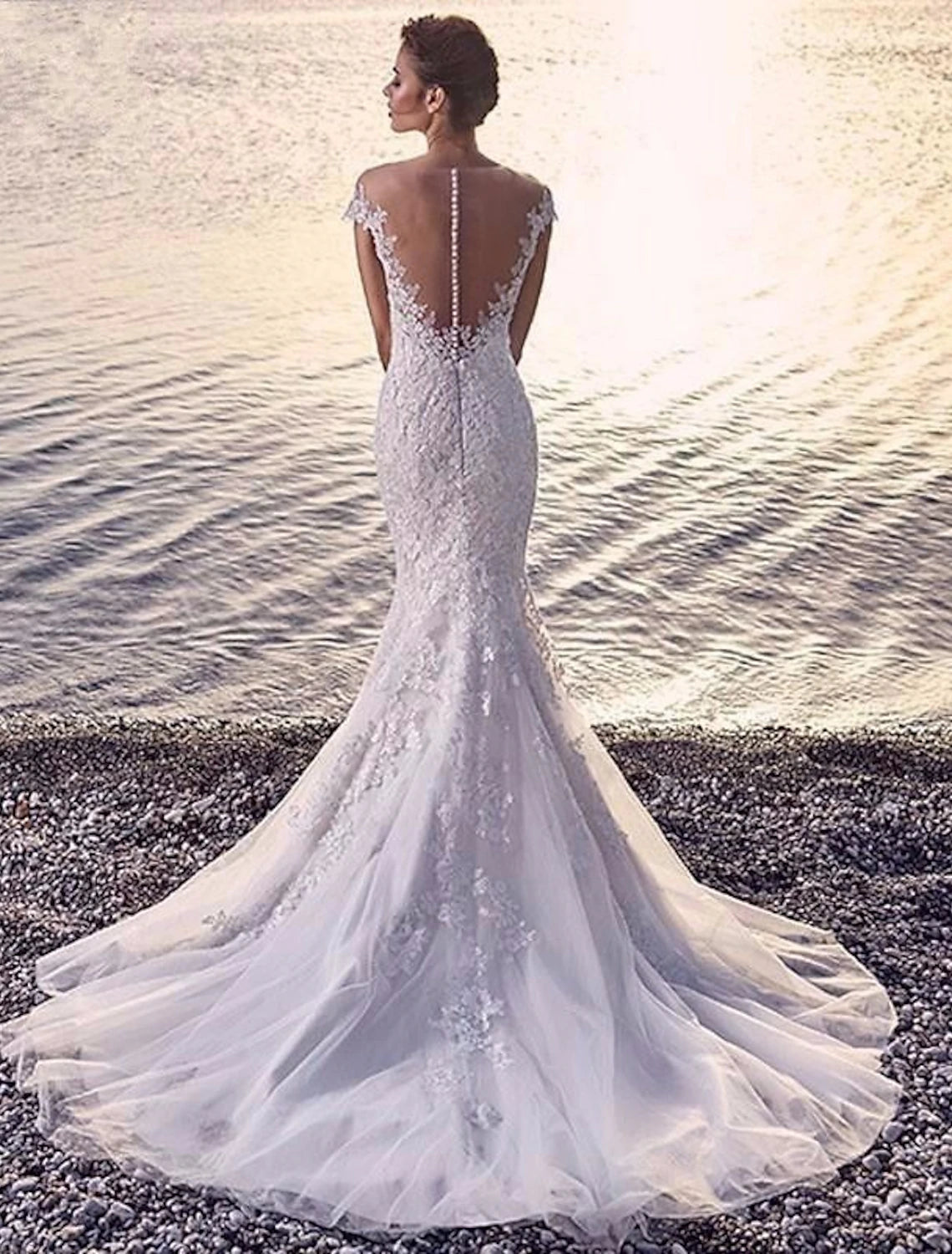 wholesale  Beach Formal Wedding Dresses Mermaid / Trumpet Scoop Neck Off Shoulder Cap Sleeve Court Train Lace Bridal Gowns With Appliques