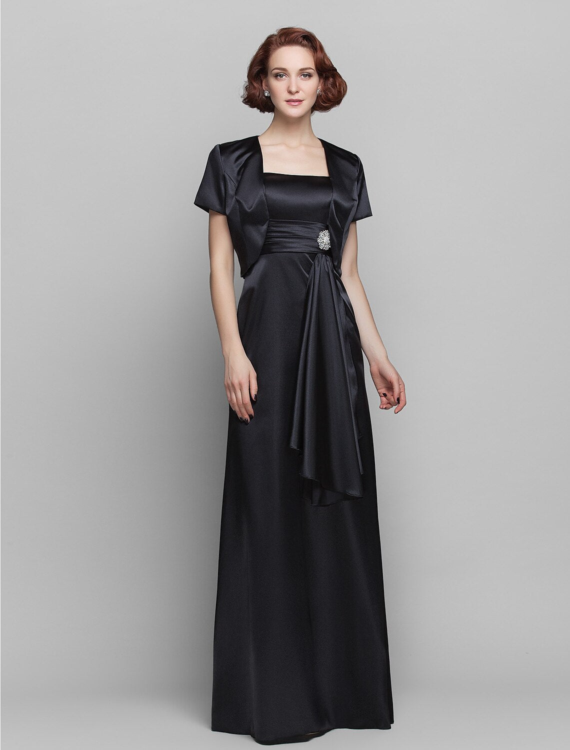 wholesale  Sheath / Column Mother of the Bride Dress Wrap Included Spaghetti Strap Floor Length Stretch Satin Short Sleeve with Ruched Tassel Crystal Brooch