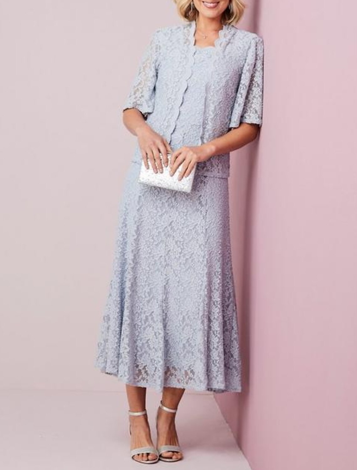 wholesale  Sheath / Column Mother of the Bride Dress Elegant Scalloped Neckline Ankle Length Chiffon Lace Half Sleeve with Lace Pleats Applique