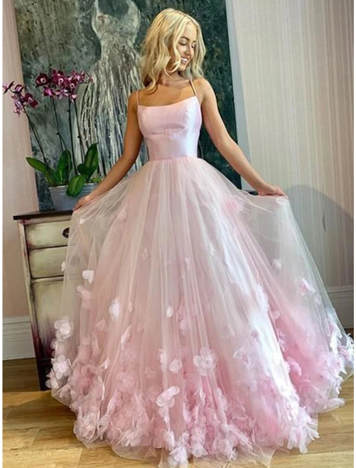 Wholesa A-Line Prom Party Dress Floral Dress Performance Sweet 16 Floor Length Sleeveless Spaghetti Strap Tulle with Pleats Appliques