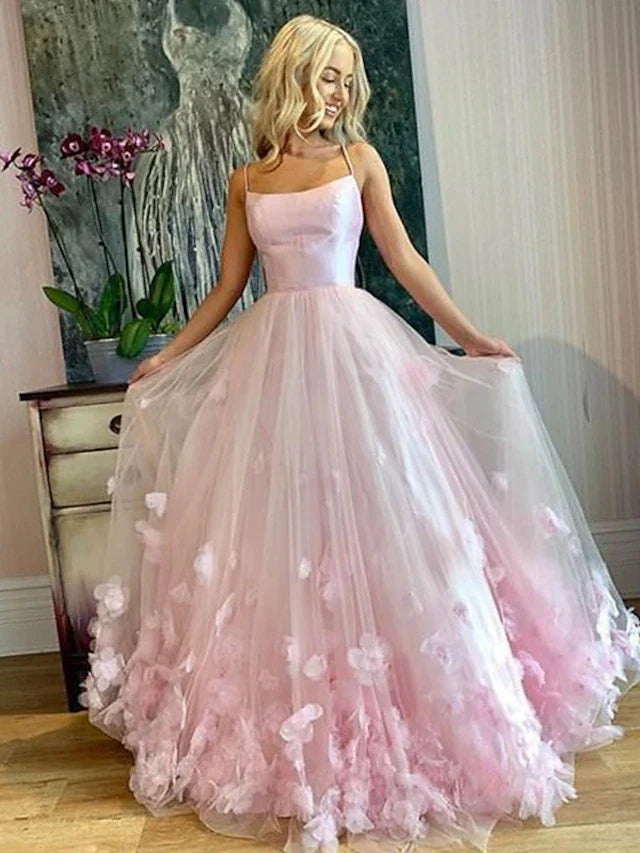 Wholesa A-Line Prom Dresses Elegant Dress Engagement Floor Length Sleeveless Spaghetti Strap Tulle with Pleats Appliques