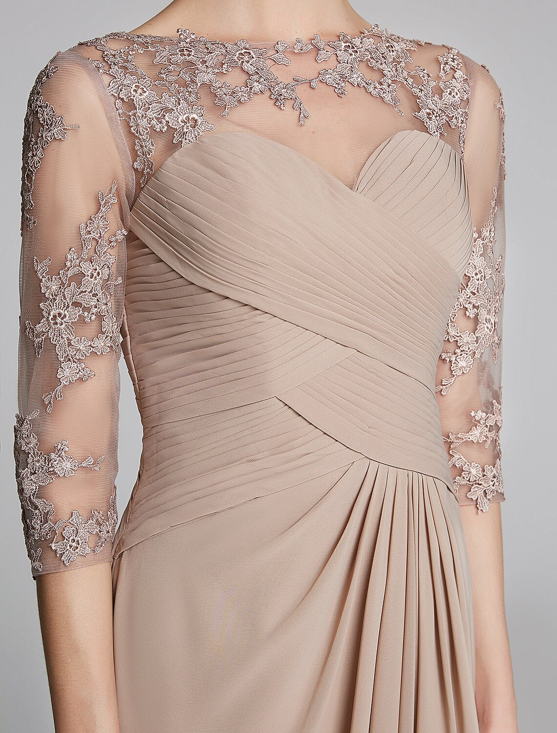 wholesale   A-Line Mother of the Bride Dress Sparkle & Shine Boat Neck Floor Length Chiffon Lace 3/4 Length Sleeve with Crystals Appliques