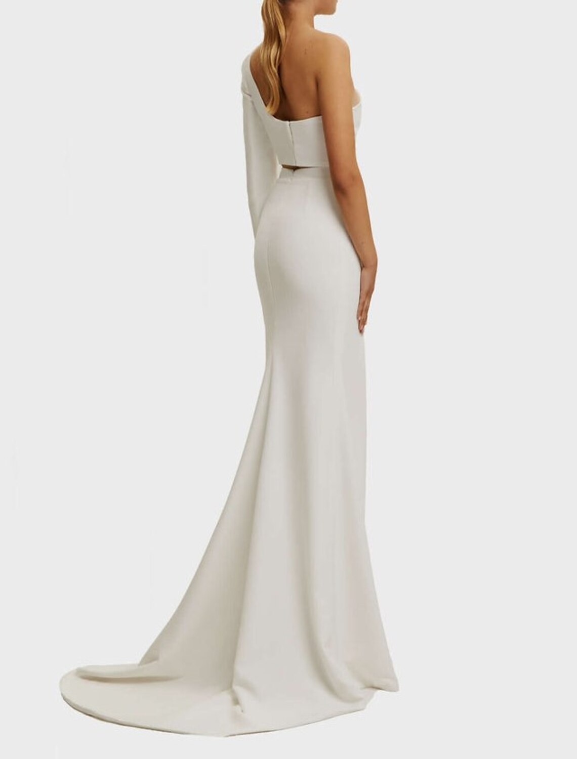 wholesale  Sheath / Column Minimalist Sexy Prom Birthday Dress One Shoulder Long Sleeve Court Train Satin with Slit Pure Color