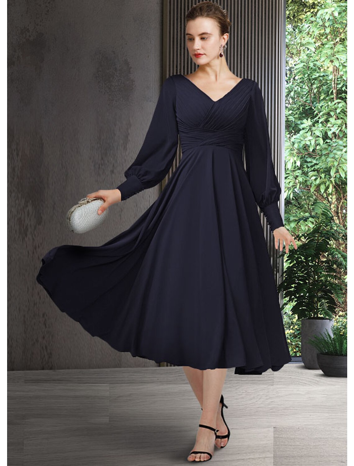 wholesale  A-Line Mother of the Bride Dress Elegant V Neck Tea Length Chiffon Short Sleeve Long Sleeve with Pleats Ruching