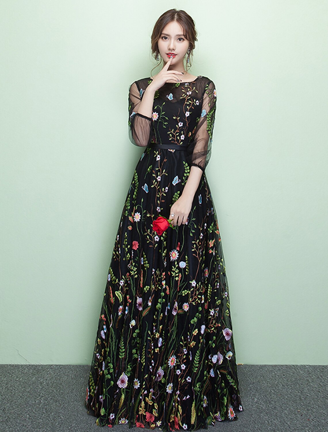 wholesa A-Line Elegant Sparkle & Shine Formal Evening Dress Jewel Neck 3/4 Length Sleeve Floor Length Lace with Embroidery