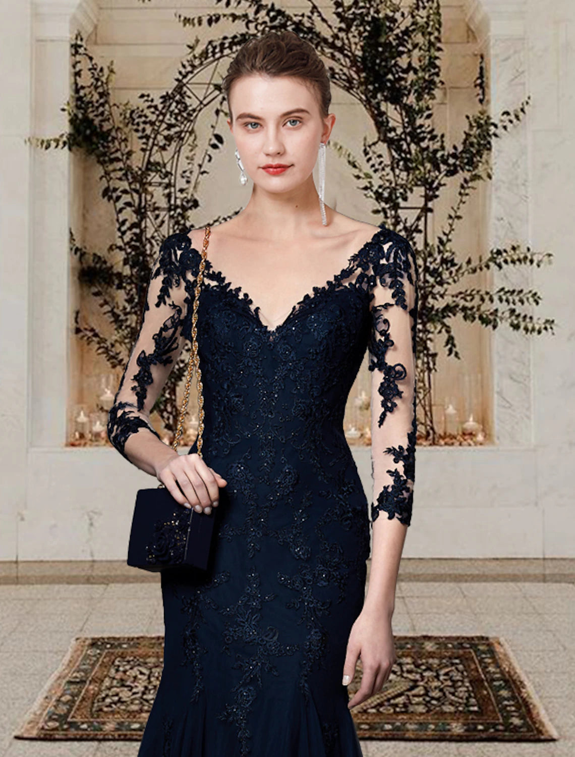 wholesale    Mermaid / Trumpet Mother of the Bride Dress Elegant V Neck Sweep / Brush Train Lace Tulle Short Sleeve with Appliques