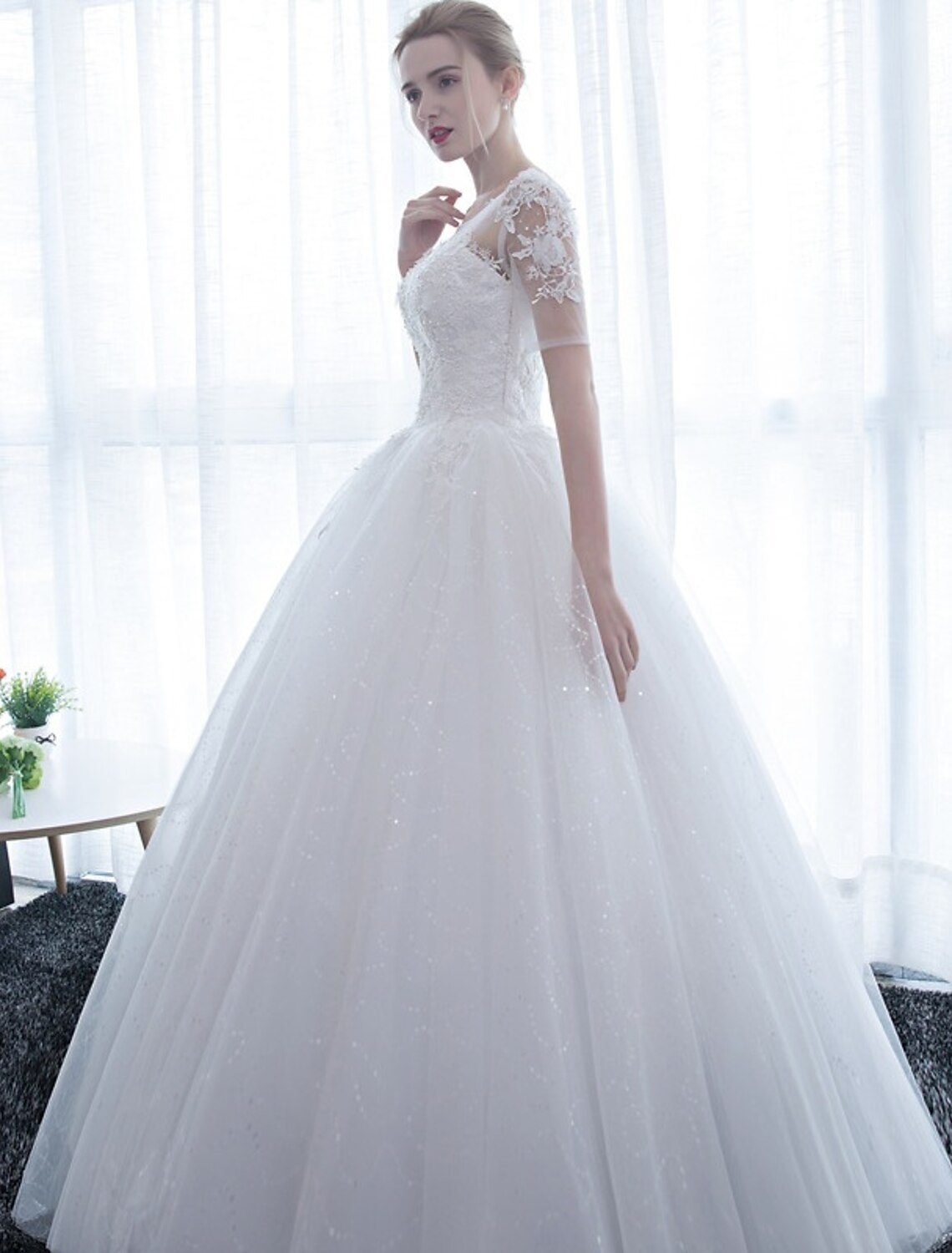 wholesale  Reception Formal Wedding Dresses Ball Gown Illusion Neck Half Sleeve Floor Length Satin Bridal Gowns With Lace