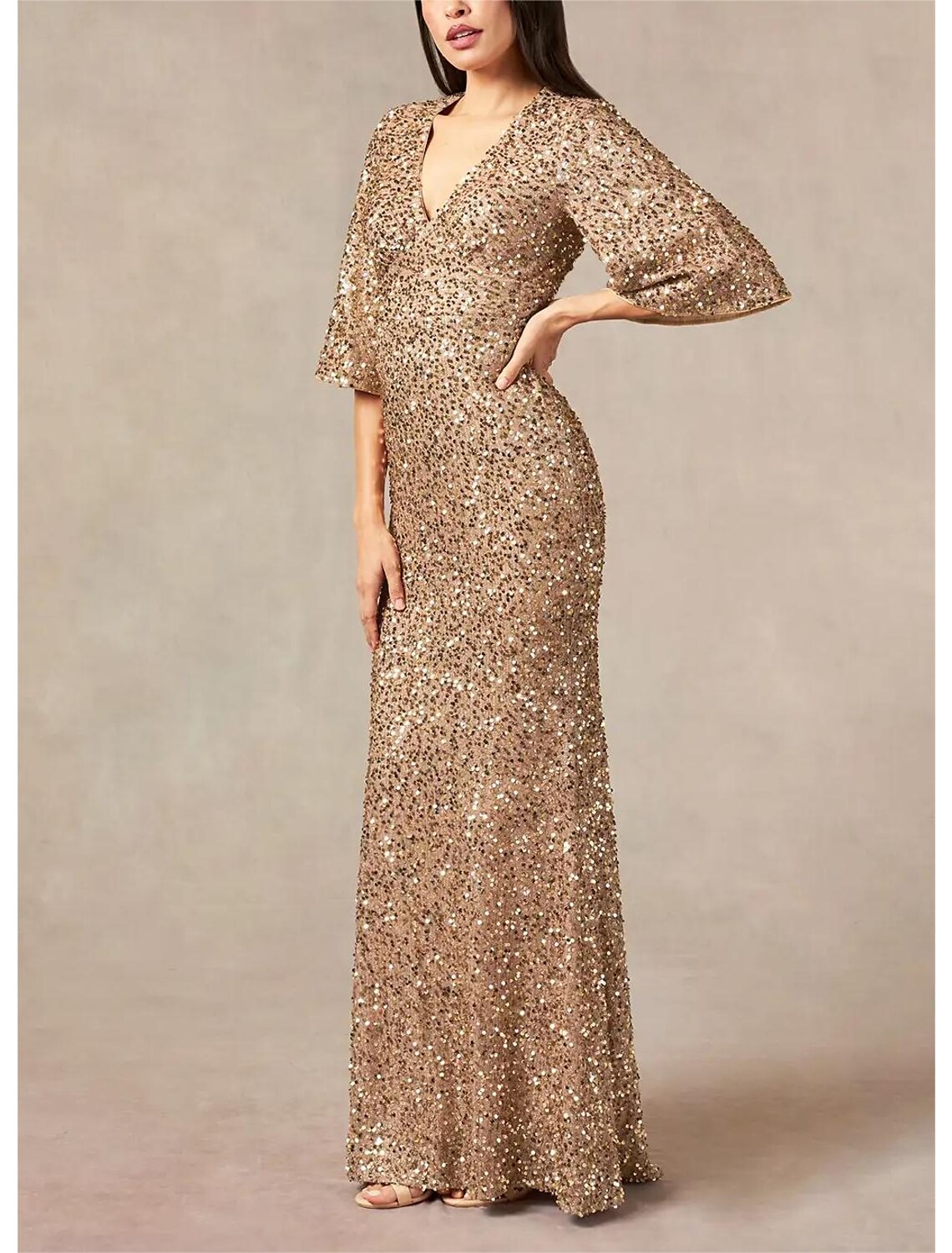 Wholesa  Mermaid / Trumpet Mother of the Bride Dress Formal Wedding Guest Elegant V Neck Floor Length Sequined Half Sleeve with Sequin