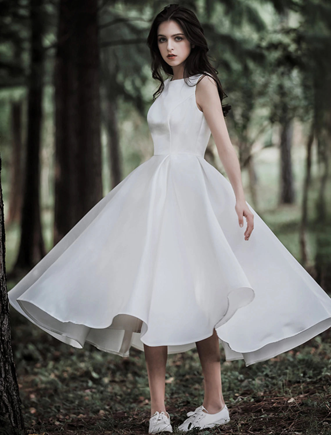 wholesale  Reception Little White Dresses Wedding Dresses A-Line Scoop Neck Sleeveless Tea Length Satin Bridal Gowns With Solid Color