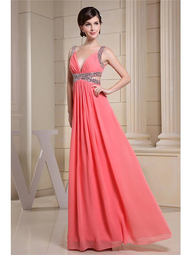 Wholesa A-Line Evening Gown Sparkle Dress Engagement Floor Length Sleeveless V Neck Chiffon with Pleats Sequin