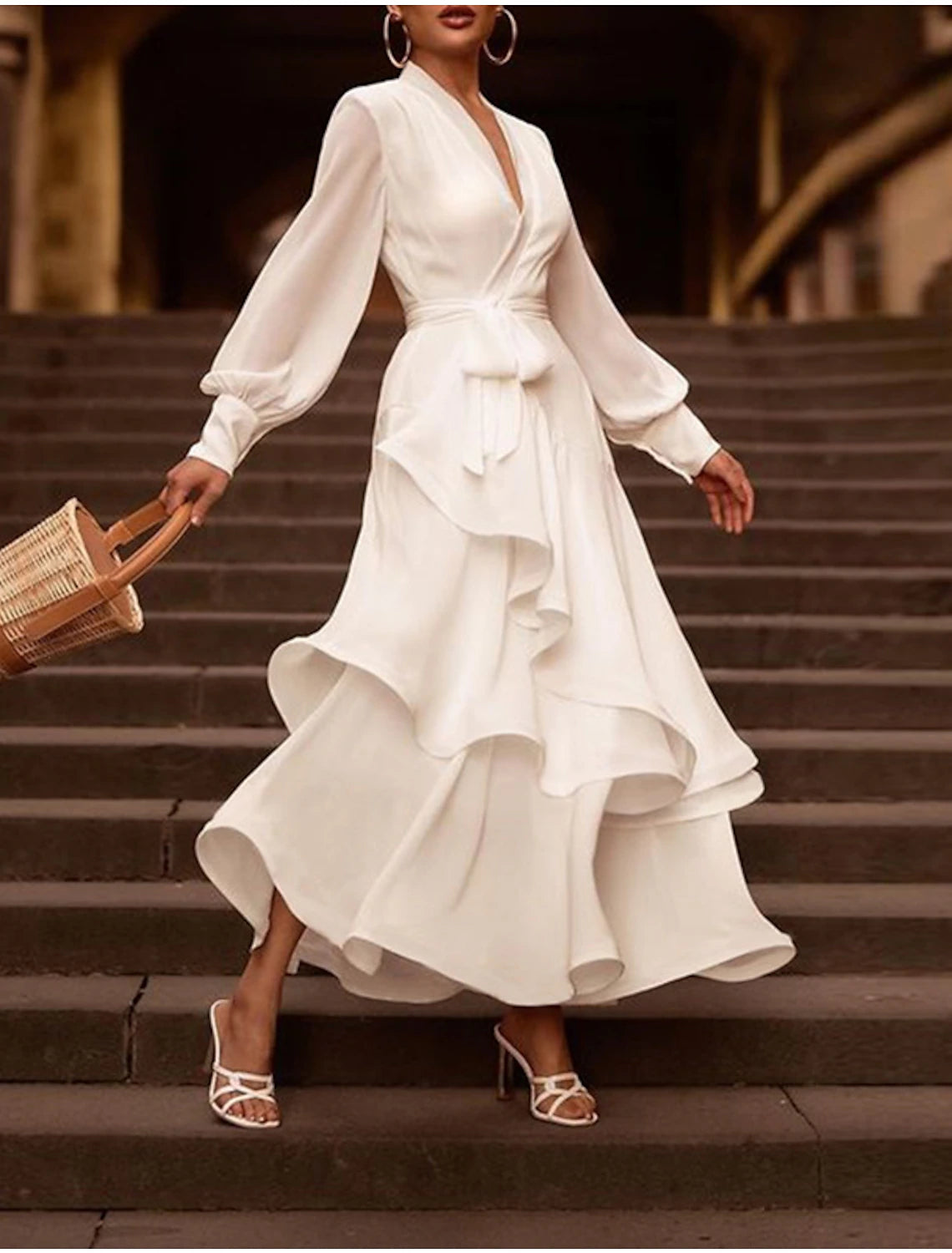 Wholesa Reception Little White Dresses Wedding Dresses A-Line V Neck Long Sleeve Asymmetrical Chiffon Bridal Gowns With Cascading Ruffles Solid Color