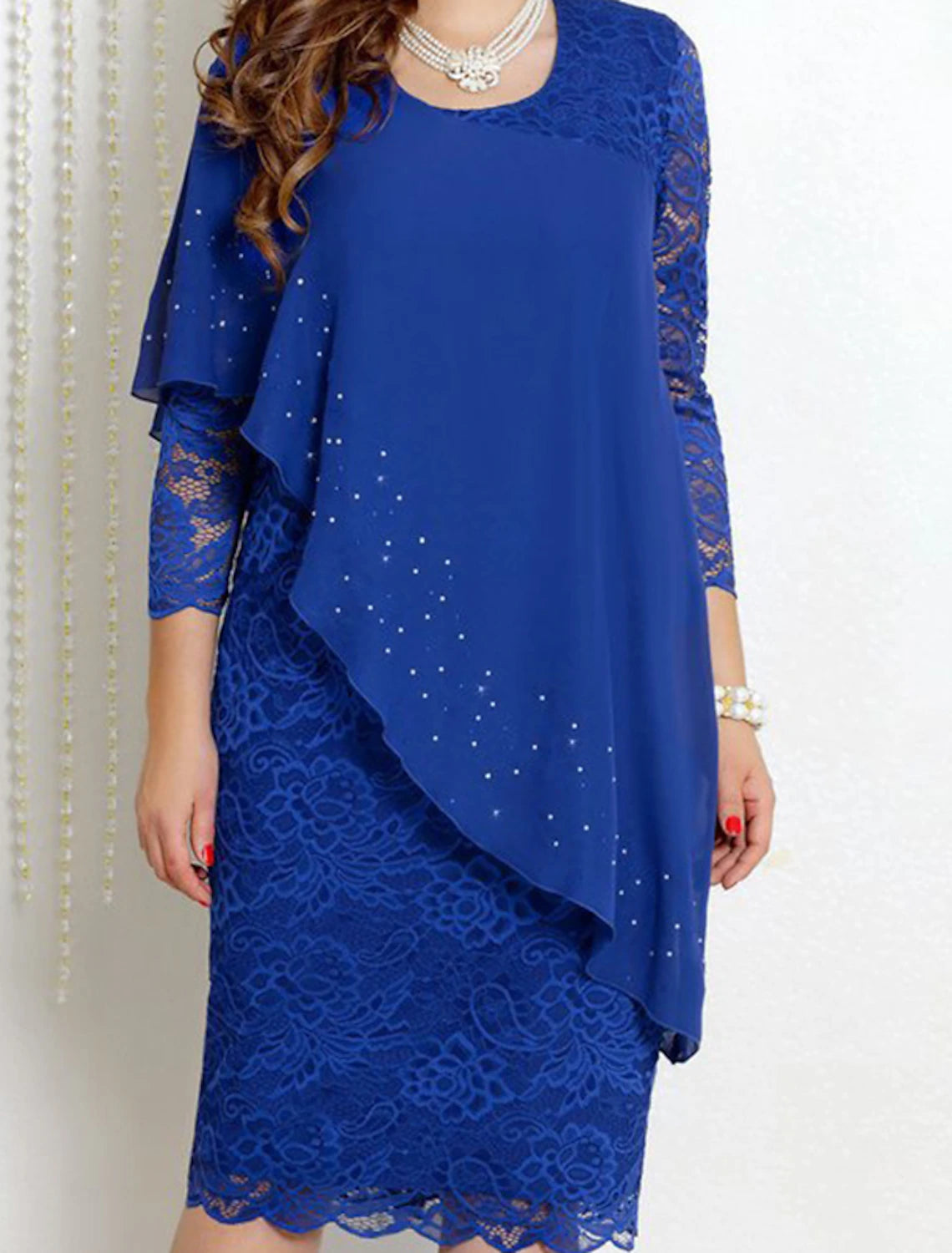 wholesale   Sheath / Column Mother of the Bride Dress Simple Elegant Jewel Neck Knee Length Chiffon 3/4 Length Sleeve with Lace Solid Color