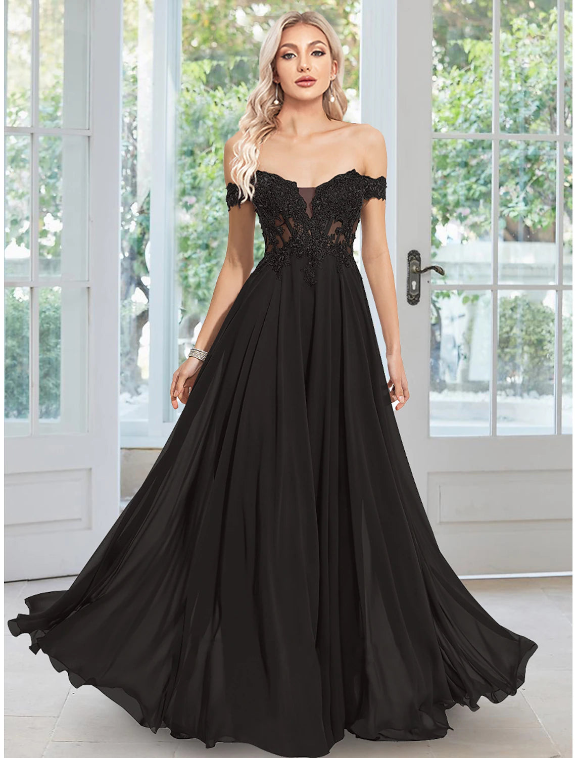 Wholesa A-Line Evening Gown Floral Dress Prom Semi Formal Floor Length Sleeveless Off Shoulder Chiffon with Appliques
