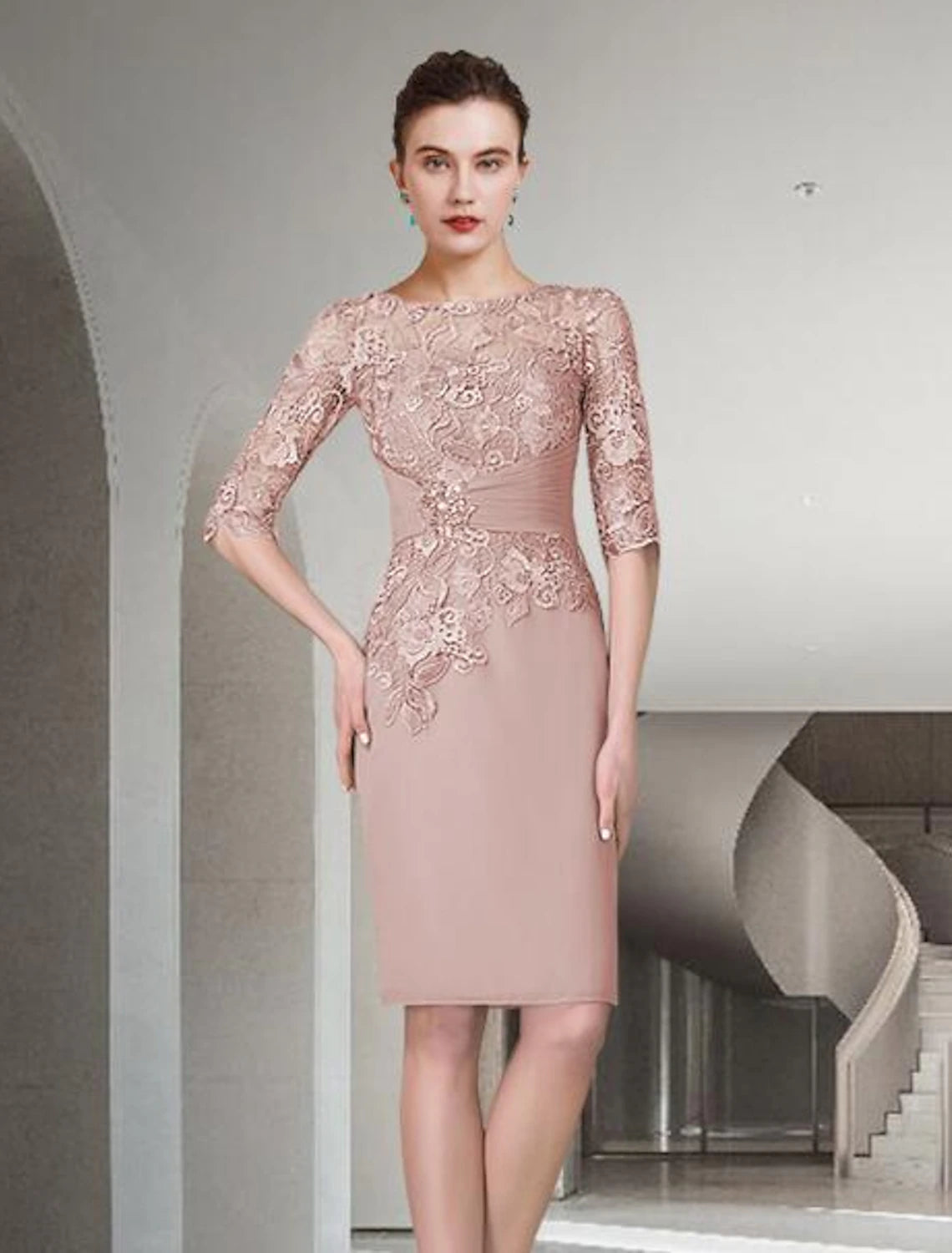 wholesale  Two Piece Sheath / Column Mother of the Bride Dress Fall Wedding Guest Church Plus Size Elegant Jewel Neck Knee Length Chiffon Lace Half Sleeve Wrap Included Jacket Dresses with Ruched Appliques