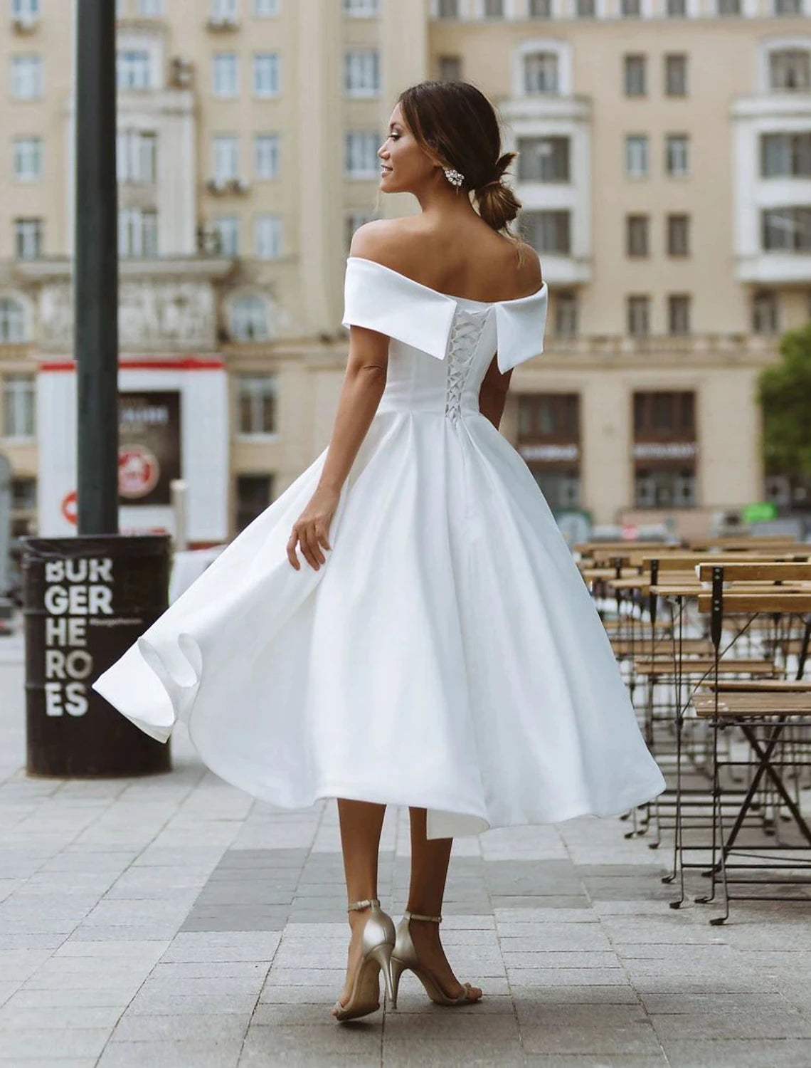 Wholesa Little White Dresses Formal Wedding Dresses A-Line Off Shoulder Short Sleeve Tea Length Satin Bridal Gowns With Solid Color