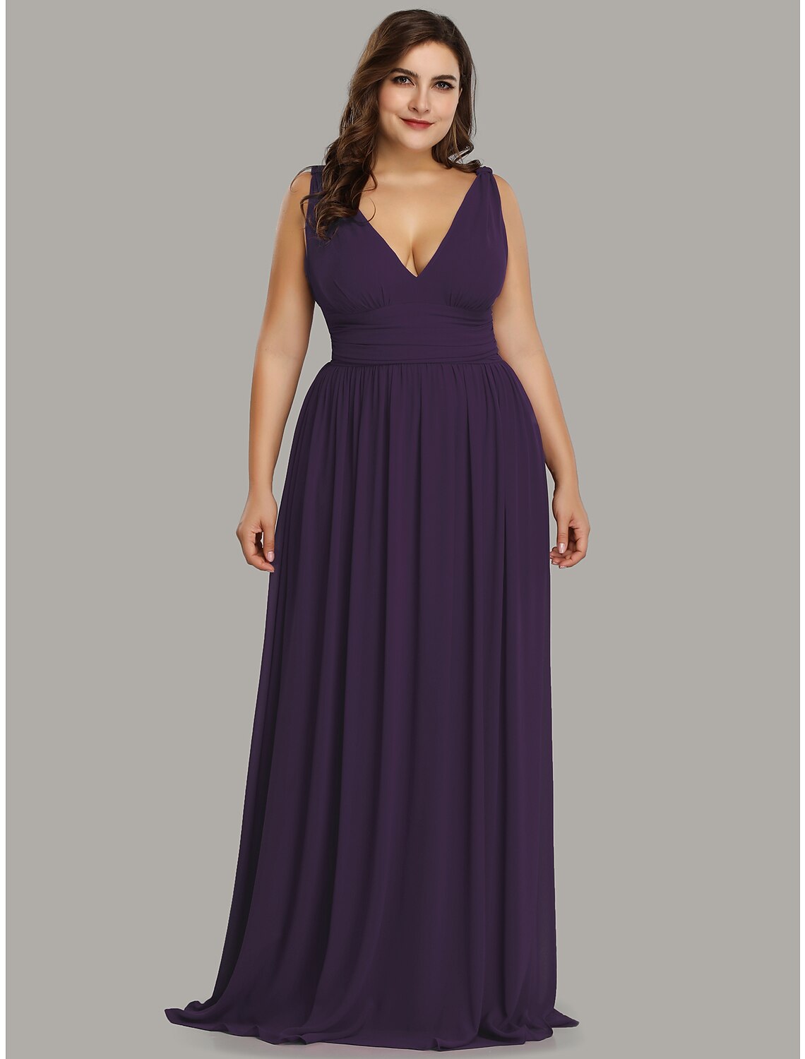 Wholesa A-Line Plus Size Wedding Guest Formal Evening Dress V Neck V Back Sleeveless Floor Length Chiffon with Pleats