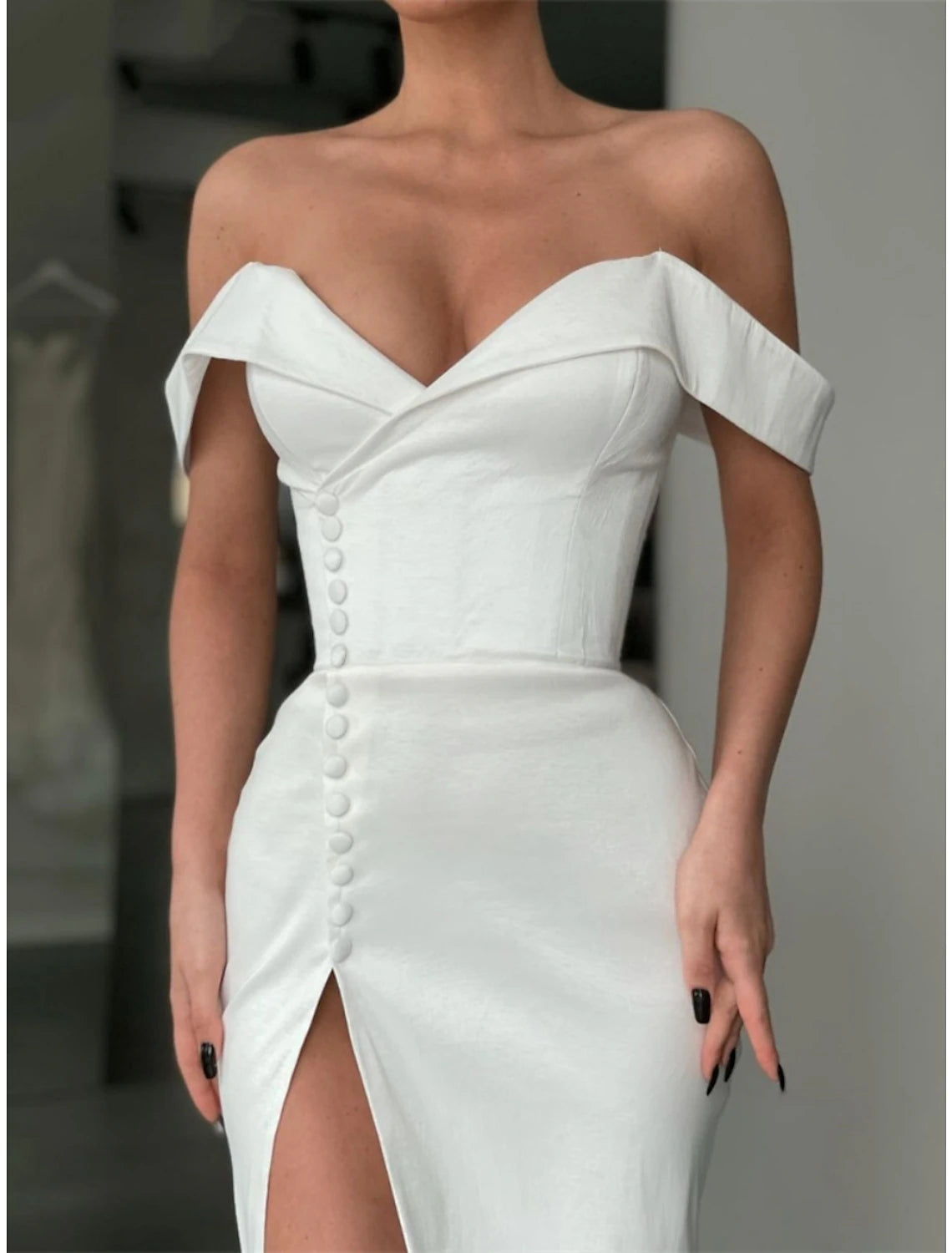 Wholesa A-Line Evening Gown Elegant Dress Formal Court Train Long Sleeve Off Shoulder Satin with Buttons Pleats Slit