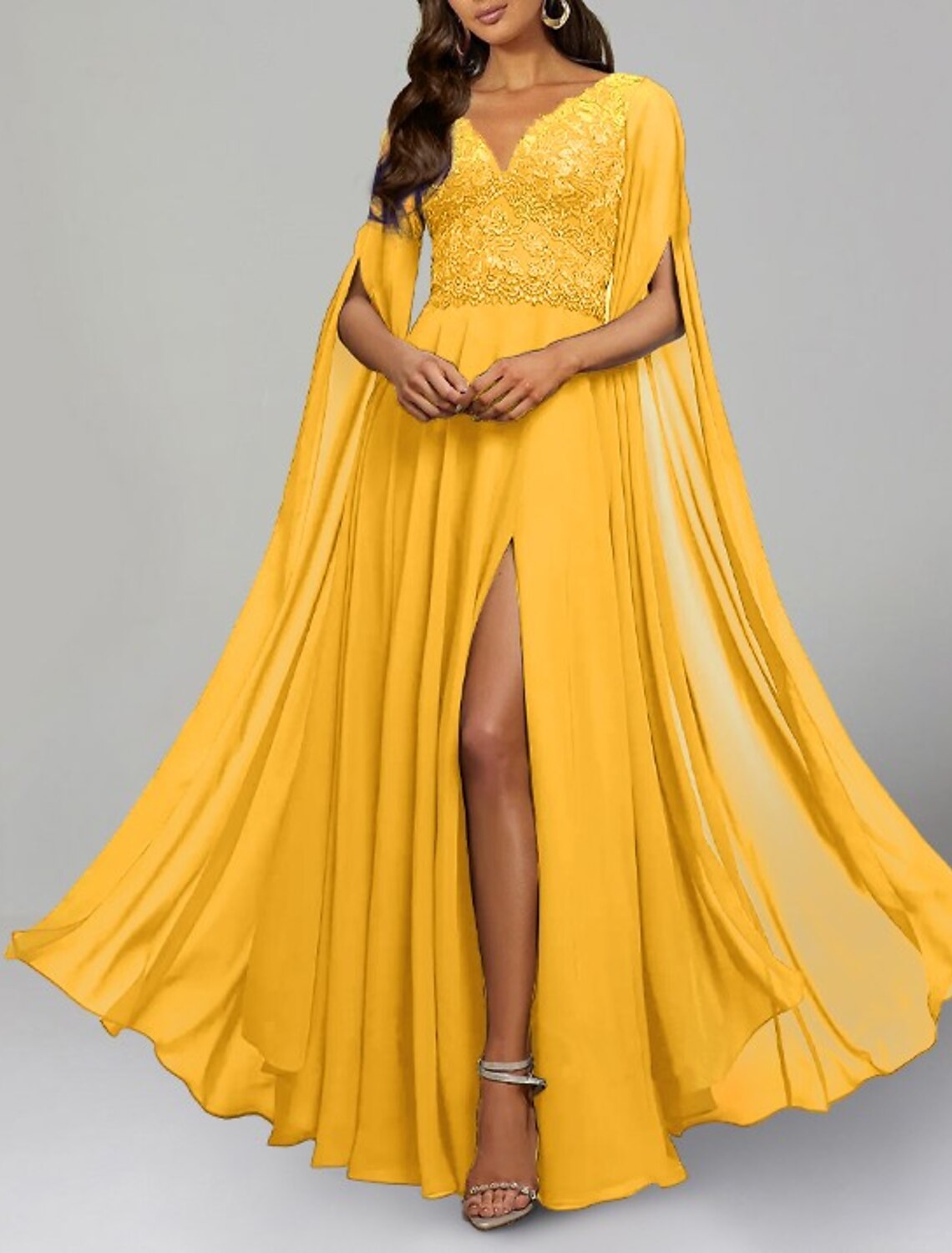 Wholesa A-Line Evening Gown Elegant Dress Formal Wedding Guest Floor Length Long Sleeve V Neck Chiffon Backless with Slit Appliques