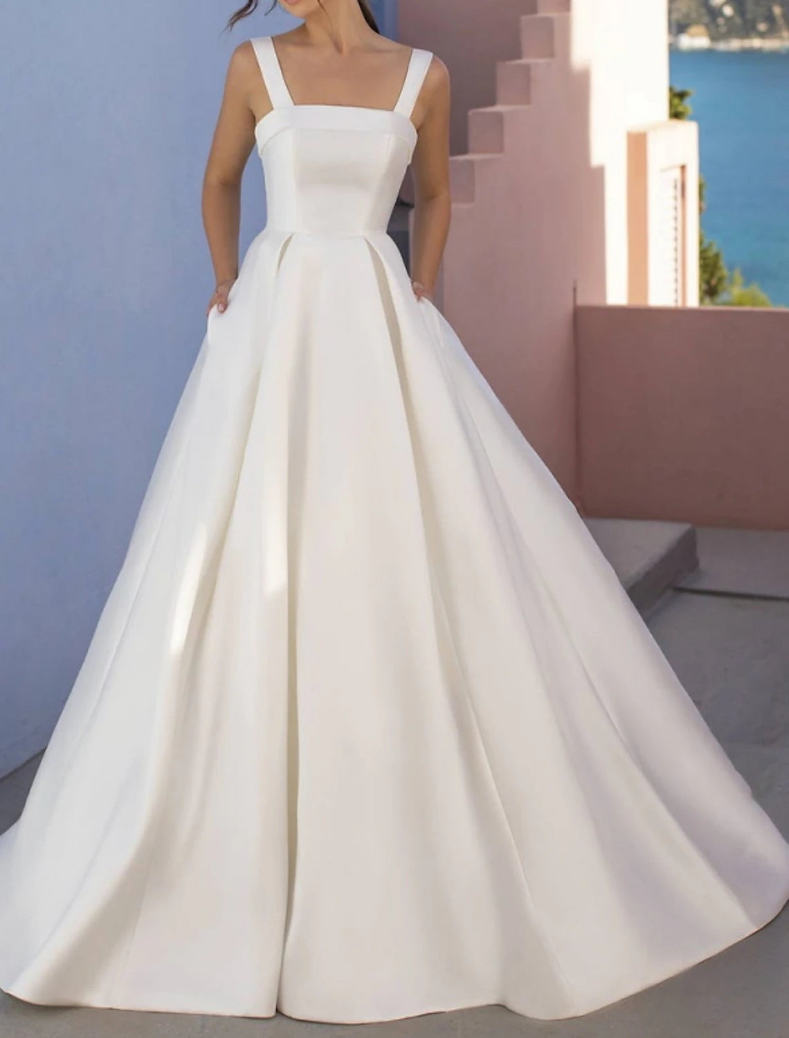 Wholesa  Hall Casual Wedding Dresses A-Line Square Neck Regular Straps Sweep / Brush Train Satin Bridal Gowns With Pleats