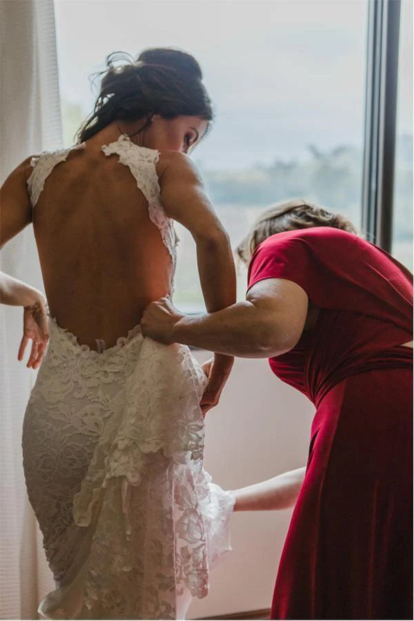 Wholesa Mermaid Illusion Neckline Split Sweep Train Wedding Dress Open Back Bridal Gown