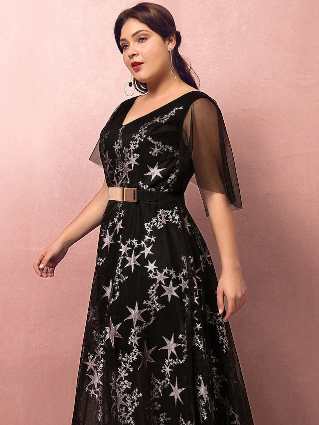 Wholesa A-Line Plus Size Prom Formal Evening Dress V Neck Half Sleeve Floor Length Lace with Sash / Ribbon Pleats Sequin