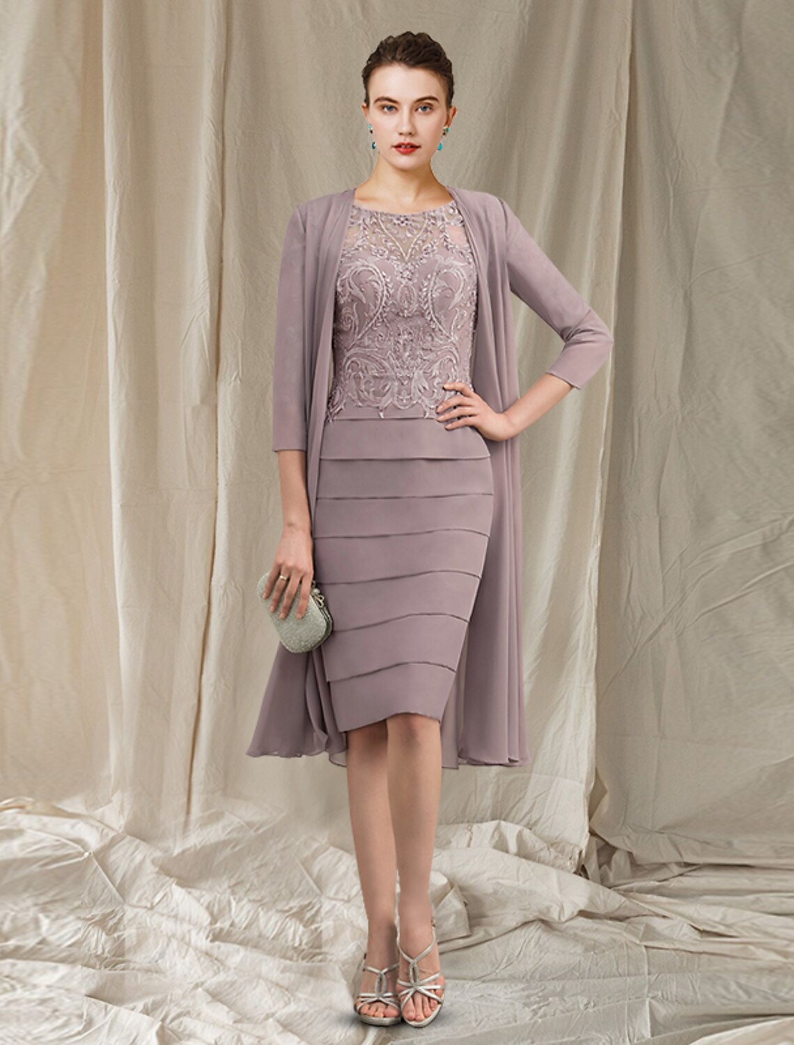 wholesale  Two Piece Sheath / Column Mother of the Bride Dress Church Elegant Jewel Neck Knee Length Chiffon Lace Half Sleeve Jacket Dresses with Appliques